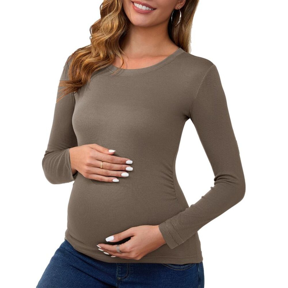 Maternity Ruched Long Sleeve Casual Blouses Basic T-Shirt Camel